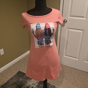 Peach Casual Kids Dress with Graphic Design
